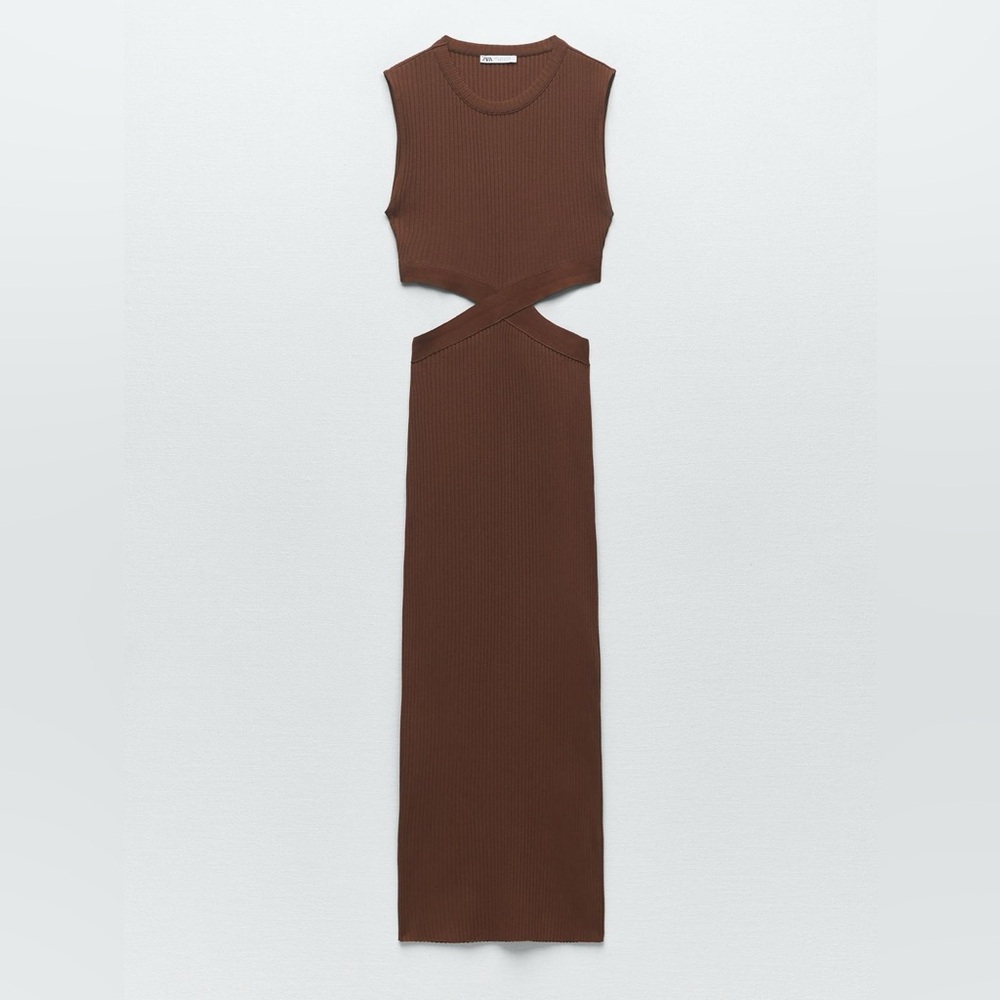 Zara Ribbed Chocolate Brown Cut Out Sleeveless Dress
